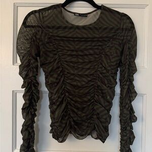 Zara Striped Olive and Brown Ruched Blouse